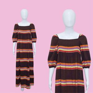1960s-1970s MARIMEKKO Brown STRIPED, Pleated, PUFF Sleeve Maxi Dress XS-S. As Is